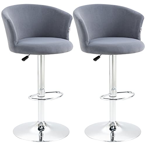Homcom Adjustable Bar Stools Set Of 2, Velvet Kitchen Stool, Upholstered Counter Height Barstool With Swivel Seat, Wing Back, Footrest For Dining Room, ‎Grey #TOP13