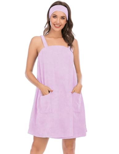 Image of Veseacky Women Bath Wrap Towel for Womens Shower with Pocket Adjustable Spa Robe & Facial Headband