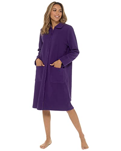 Undercover Peignoir pour femme en polaire avec fermeture éclair et bordure satinée, tailles 38 à 56, rose, violet, bleu, lilas et rose, 46-48