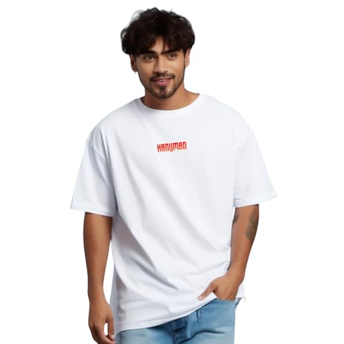 Image of prabhu bhakti Men's Oversized Mahabali Hanuman Printed T-Shirt |Back Print Drop Shoulder Pure Cotton Oversized Tshirt for Men