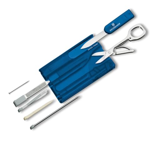 Victorinox Swiss Card, Multitool de Poche Suisse, Taille de La Carte de Crédit, 10 Fonctions, Stylo, Ciseaux, Bleu Transparent