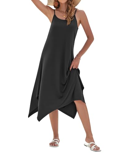 Image of AUSELILY Women's Summer Dresses 2026 Casual Sleeveless Spaghetti Strap Sundress Asymmetrical Midi Dress with Pockets