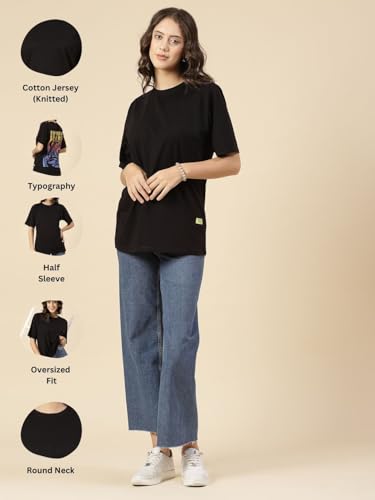 Image of Rigo Back Printed Half Sleeves Round Neck Oversized T-Shirt for Women | Drop Shoulder T-Shirt for Women | Loose Baggy Fit T-Shirt for Women /Girls