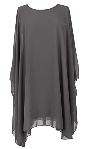 Image of TEXTURE Ladies Womens Italian Lagenlook Batwing Sleeve Flowy Chiffon Kaftan Tunic Top Blouse Dress One Size Plus UK 14-22 (Dark Grey, One Size)