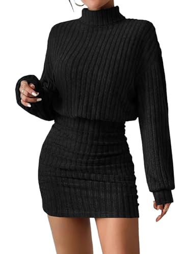 AUXDIO Women's Mock Neck Sweater Dress Fall Long Lantern Sleeve Bodycon 2025 Pullover Mini Short Dresses