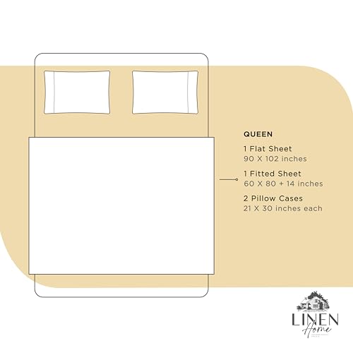 Image of Linen Home 100% Cotton Percale Sheets Queen Size, Ivory, Deep Pocket, 4 Pieces Set - 1 Flat, 1 Deep Pocket Fitted Sheet and 2 Pillowcases, Crisp Cool and Strong Bed Linen