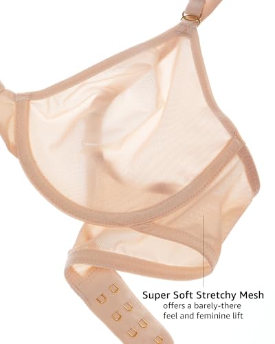 Image of INLYRIC Women's Cosnufy Sheer Balconette Bra Demi Unlined Plunge Mesh See Through Sexy Bras Underwire