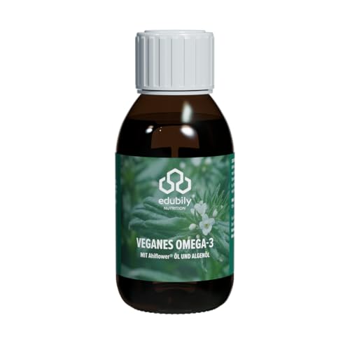 edubily nutrition Omega 3 vegano de Ahiflower, aceite de algas y aceite de linaza, fuente vegana de DHA y ALA, 3,33 g Omega-3 por dosis diaria, aroma a limón, 150 ml