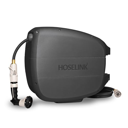 HOSELINK 90ft Hi-Flow Evolve Charcoal Retractable Garden Hose Reel NEW Heavy Duty Automatic Rewind Lock Anywhere 180 Degree Swivel Wall Mounted Watering Solution for yard and outdoors