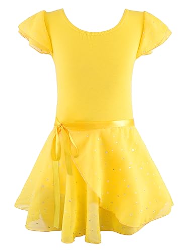 Image of EQSJIU Ballet Leotards for Girls with Removable Skirt Combo Tie Ruffle Sleeve Outfit