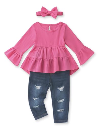 Image of Toddler Girl Clothes Long Sleeve Ruffle Dress Top and Jeans Pants Toddler Girl Fall Outfits
