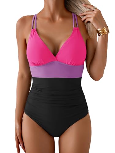 Image of Aidonger Women's One Piece Color Block Swimsuit Tummy Control Slimming Bathing Suit V Neck Cutout High Waisted Swimwear