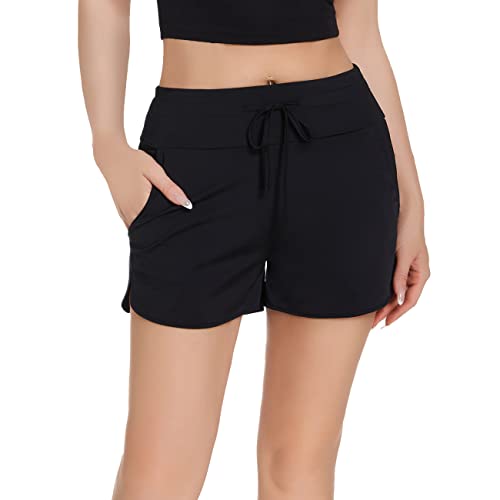 RPAEOY Shorts de Baño Mujer con Cordón Bañador Shorts de Natación Boyleg Secado Rápido Playa Surf Essential Bikini Short Deportes Acuáticos Pantalones Cortos (Negro,XL)