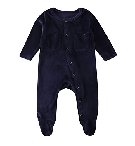 Qiylii Newborn Baby Girls Boys Long Sleeve Velvet Romper Jumpsuit Buttons Down One-Piece Footies Coverall Pjs Winter Clothes (Navy Blue, 12-18 Months)