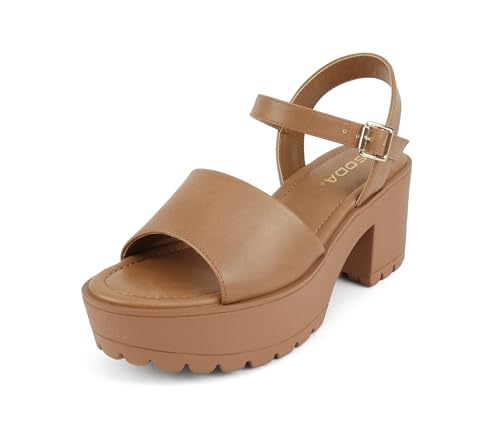 Image of Soda inchStacie inch ~ Women Open Toe Lug Sole Mid Block Heeled Sandals with Adjustable Ankle Strap