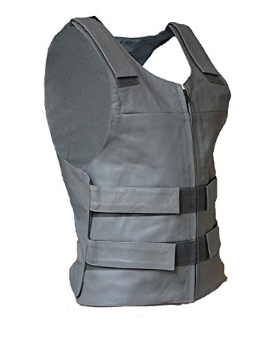 IKleather Mens Bullet Proof style Leather Motorcycle Vest for bikers Club Tactical Vest (L, Silver)