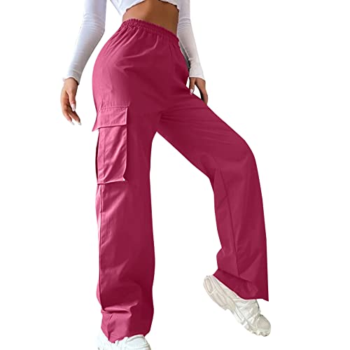 La Mejor Recopilación de Pantalones de Moda para Dama los mejores 5. 41 ZHUER - Pantalones cargo de cintura alta para mujer, pantalones deportivos de pierna ancha, pantalones elásticos holgados con bolsillos, primavera 2024, B- Rosa intenso, M