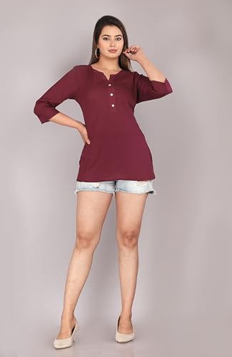 Image of Himanshi enterprises Women's Traditional Casual 3 /4 Sleeves Mandarin Nack Rayon Solid Short Kurti