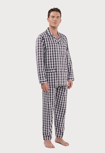 El Búho Nocturno Mens Pajama Set Long Sleeve Cotton Woven Poplin Checkered Pajama Set for Men, 100% Cotton, Red 2990, L2