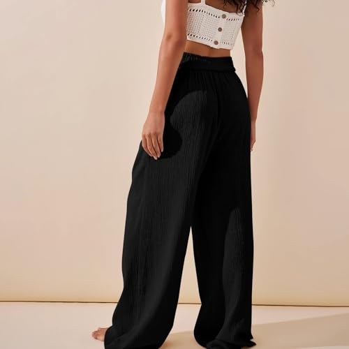 Wide Leg Palazzo Pants for Women Casual Beach Flowy Linen Pants Crossover High Waisted Long Lounge Pants with Pockets3
