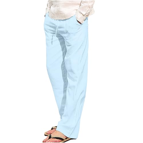 Calça masculina de linho casual de verão lisa casual cintura elástica com cordão para ioga com bolso