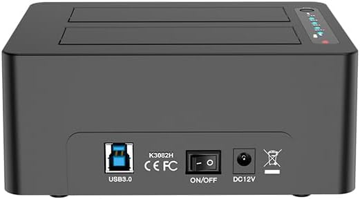Rear view of MAIWO Dual Bay Hard Drive Docking Station showing USB 3.0 port, On/Off switch, and DC 12V power input.