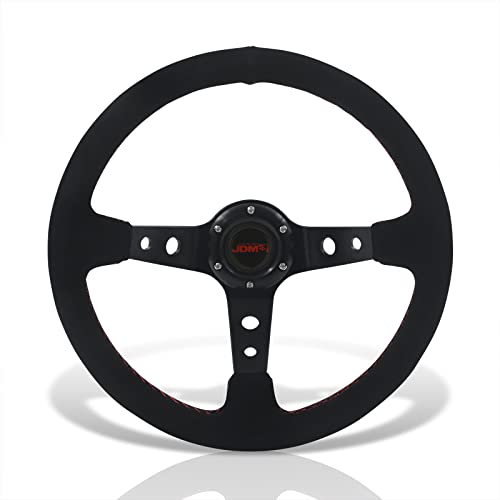AJP Distributors JDM Sport Universal 350mm 14" All Black Suede 6 Bolts Holes Steering Wheel Red Stitching Light Weight Aluminum Deep Dish Spokes + Horn Button Drifting Replacement
