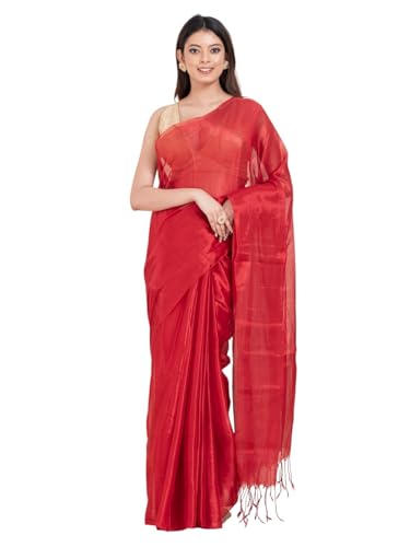 Image of Women's Tissue Cotton Saree | Plain Lightweight Tassel Pallu Saree with Blouse