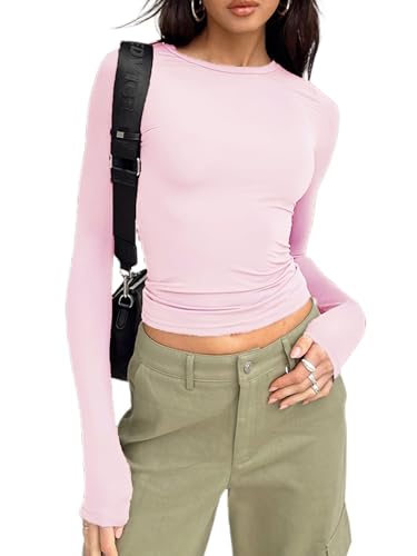 Women's Slim Fit Crop Tops Casual Solid Color Crew Neck Long Sleeve Tight T-Shirt Basic Blouse Tee Tops (Pink, S)