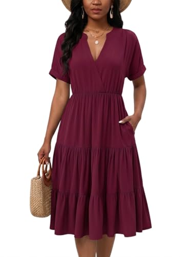Image of PerZeal Women's Casual Tiered Midi Dress with Pockets - V Neck Short Sleeve Elastic Waist Ruffle Summer Dress for Daily Wear
