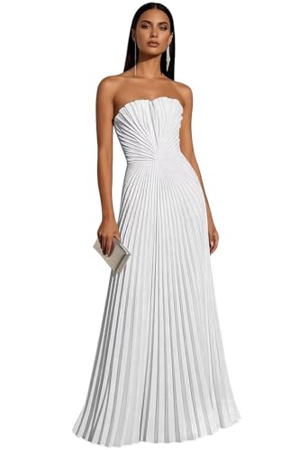 Lanbaodress White Strapless Chiffon Prom Dresses 2026 Long Pleated Flowy A Line Formal Wedding Guest Maxi Dress for Women Size 8