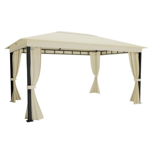 ALEOS. Garten Pavillon Monza 4x3 Meter 3x4m Gartenpavillon 12m² einfacher Aufbau ohne Werkzeug Klicksystem Dach 100% WASSERDICHT UV30+ mit 4 Vorhängen Starke Füße 6x6cm cremeweiß