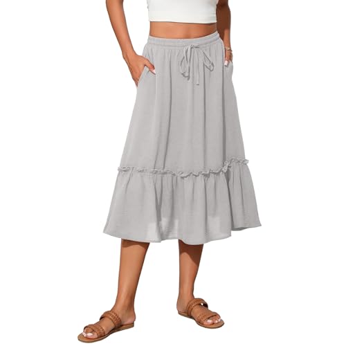 Image of Witsmile Women's Skirts - Elastic Waist Pleated A-Line Midi Skirt Dress with Pockets for Women Dressy Casual(Light Gray,L)