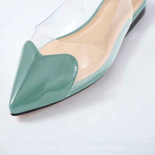 Women's Fashion Pointed Toe Heart Transparent PVC Slingback Flat Shoes Comfort Slip On Cap Toe Clear Ballet Flats Work Wedding Dress Flat Shoes for Women Turquoise Size 103