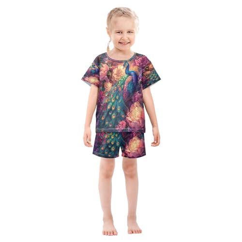 ALAZA Peacock Peony Bird Artwork Pajamas Set Short Sleeve Cotton Sleepwear Summer Pjs 2 Piece 5-14Y3