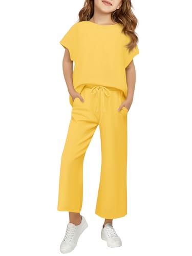 APWEQATA Girls Outfits Short Sleeve Shirts and Drawstring Pants With Pockets Spring Two Piece Lounge Sets Kids Clothes(Yellow,160)