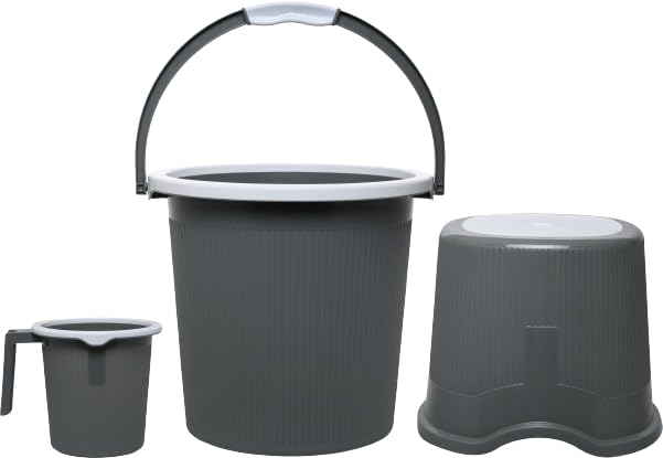Nasby Combo of 3 pcs Bathroom Accessories Set Plastic Bathroom Set with 20Ltr Plastic Bucket, Small Mug and Medium Stool for Home, Kitchen & Bathroom (Dark Grey) (B0DD49MLK5) Amazon Price History, Amazon Price Tracker