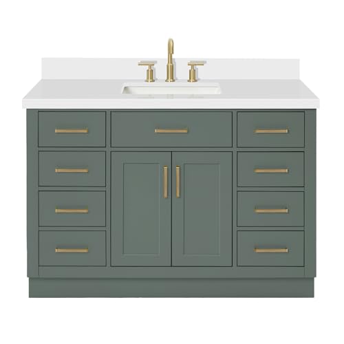 ARIEL Hepburn 48-inch Bathroom Vanity with Sink,Solid Wood, 1.5-inch Pure White Quartz Countertop, Single Rectangular Porcelain Sink, 2 Soft Closing Doors, 9 Dovetail Drawers, Vintage Green