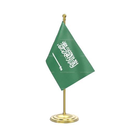 Image of The Flag Company Gold Acrylic Pole with Round Base | Desk Flag for Office, Reception & Home Decor (Saudi Arabia)