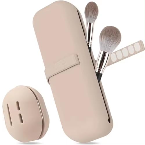 Set de Estuches Impermeables para Brochas y Esponja. Organiza y Almacena sobre la Marcha. Set Fabricado en Silicona. Soporte para Pinceles de Maquillaje, Estuche para Esponja (Color: Caqui)