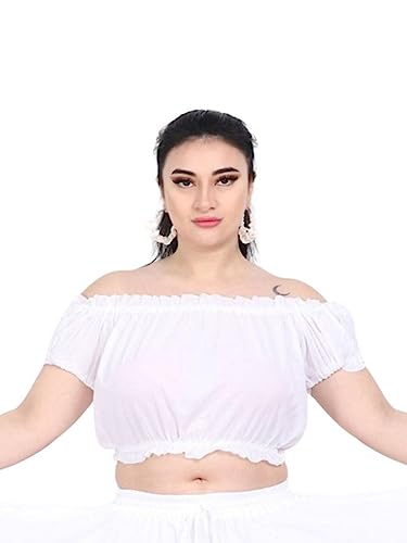 Wevez Women's Tribal Style Summer Cotton Puff Sleeve Crop Top Blouse, White - Thumbnail 2