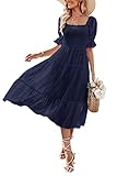 MEROKEETY Women's 2025 Smocked Balloon Sleeve High Waist Tiered Chiffon Pom Pom Midi Long Dress, Navy, M