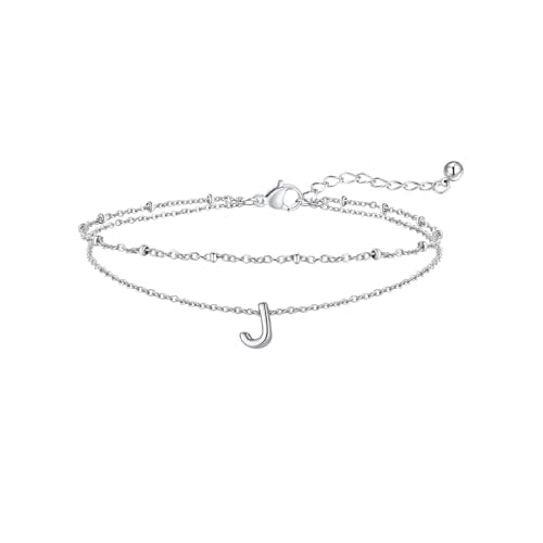 FaithHeart Initial Ankle Bracelets for Women, Waterproof 14k Gold Plated Initial Anklets Non Tarnish Stainless Steel Layered Anklet Summer Beach Foot Jewelry Silver j