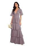 TANPAUL Flügelärmel Chiffon Abendkleider Elegant für Hochzeit,V Ausschnitt Gestufte Brautjungfernkleider Lang für Damen Stufige Rüschen Festliche Kleider für Hochzeitsgäste
