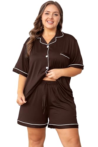 Image of Vozanet Women's Plus Size Button Down Pajamas Soft Lounge Sets Shorts with Pockets Bride Nighty Solid Soft Pjs 1x to 5x