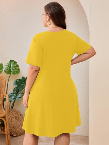 Image of AusLook Plus Size Midi Dress for Women Loose V Neck Short Sleeve Summer Casual A Line T Shirt Sundresses with Pockets 1X-5X