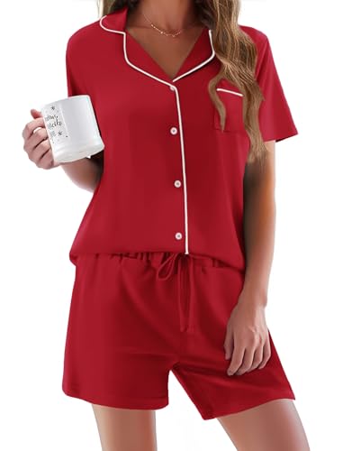 Image of Ekouaer Pajamas Set for Women Short Sleeve Sleepwear Button Down Pjs Soft 2 Piece Lounge Sets XS-XXXL