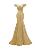Women's Lace Mermaid Evening Prom Dresses Long Off Shoulder Appliqued Formal Gown PM39 Gold Plus Size 18