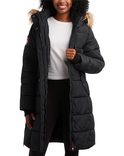 CANADA WEATHER GEAR Womens Long Puffer Coat - Heavyweight Wind Water Resistant Faux Fur Hood Parka Winter Jackets for Women, Size Medium, Ponderosa Green/Natural