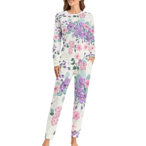 Pyjama femme manches longues avec pantalon imprimé fleur rose pourpre sleepwear de nuit